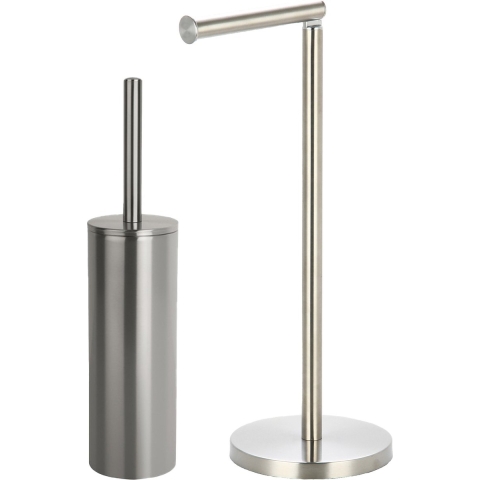 Badkamer accessoires set - WC-borstel/toilet rollen houder - metaal/porselein - zilver -