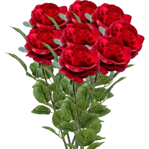 Kunstbloemen boeket roos Marleen - 8x - rood - 63 cm - decoratie bloemen -
