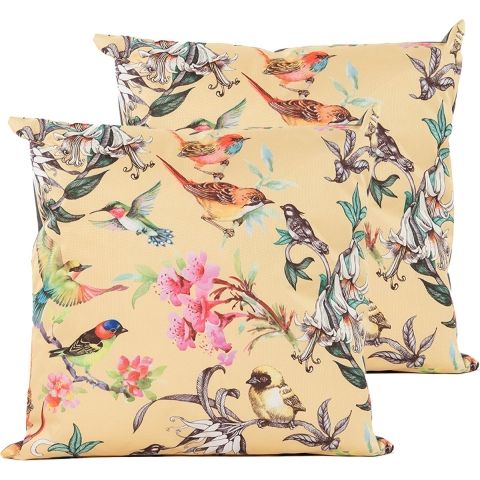 Sierkussen voor binnen en buiten - 2x - vogels - geel - 60 x 60 cm - tuinkussen -