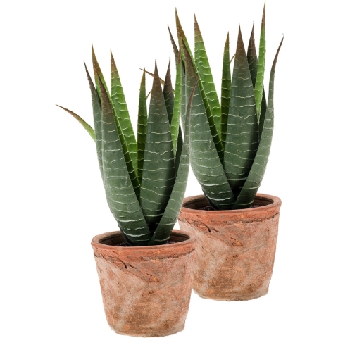 Kunstplant Aloe Vera - 2x - groen - in oude terracotta pot - 23 cm -