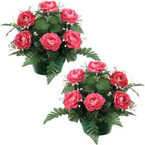 Kunstbloemen plantje rozen in pot - 2x - roze - 25 cm - Bloemstuk ornament - met bladgroen -