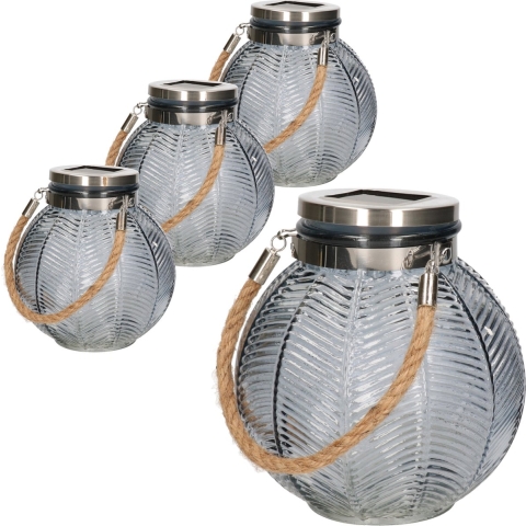 4x stuks grijze solar lantaarn van gestreept glas rond 16 cm -