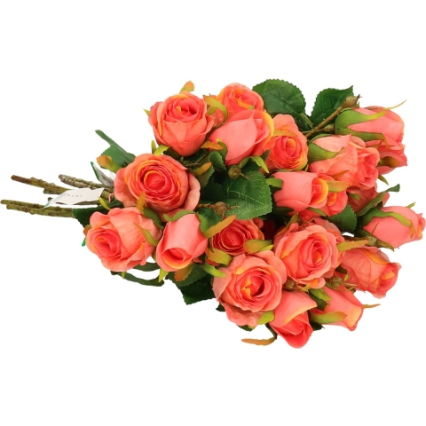 Kunstbloemen boeket Rozen - 8x - 44 cm - koraal roze - Kunst zijdebloemen -