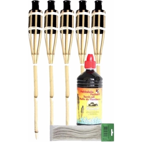 5x Bamboe fakkel met lont 60 cm en olie 1 L pakket -