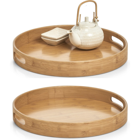 2x Dienbladen rond bamboe hout 38 x 5 cm -