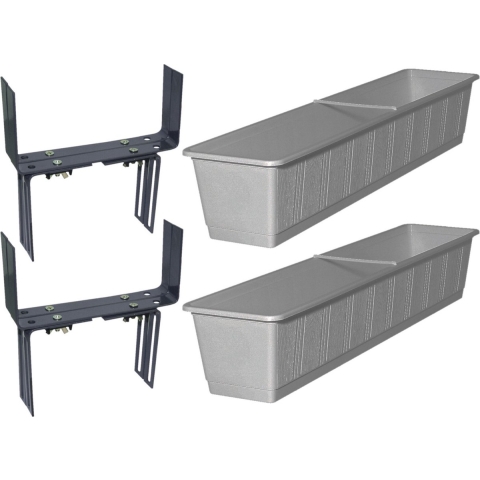 Set van 2 kunststof plantenbakken grijs rechthoekig 80 cm met 4 verstelbare balkon/muurbeugels -