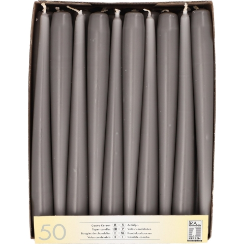 Dinerkaarsen/kandelaarkaarsen Mega pack - 50x stuks - lichtgrijs - Gotisch - 25 cm -