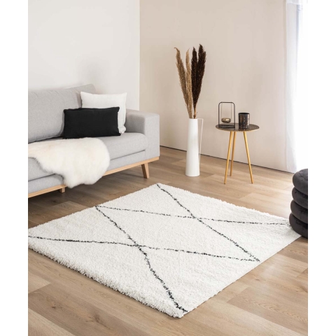 Boho&me Vierkant hoogpolig vloerkleed ruit Artisan - wit|zwart -