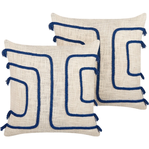 Beliani-PLEIONE -Sierkussen set van 2-Beige|Blauw-45 x 45 cm-Katoen