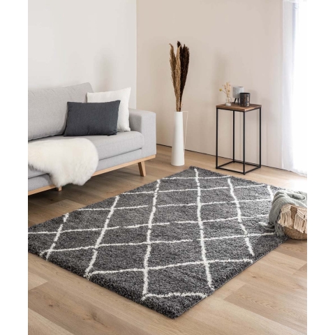 Boho&me Hoogpolig vloerkleed ruiten Artisan - grijs|wit - 100x200 cm