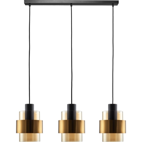 Freelight Hanglamp Chiasso Zwart Goud & Amber Glas 3 Lichts L 1 mtr