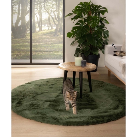 Tapeso Rond hoogpolig vloerkleed - Comfy plus - olijfgroen - 100 cm