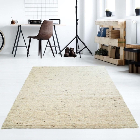 Tapeso Wollen vloerkleed handweef Veve - beige|crème - 70x130 cm