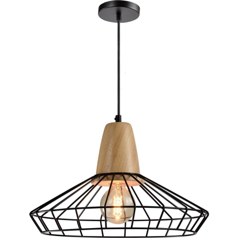 QUVIO Hanglamp rond staaldraad en hout - QUV5051L-BLACK