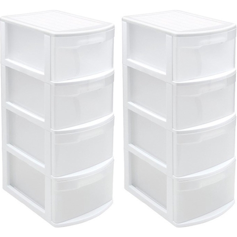 2x stuks ladeblok/bureau organizer met 4x lades wit/transparant L39 x B28.5 x H78 cm -