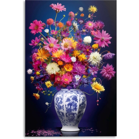 Reinders - Delft Blue Vibrant Flowers - Glasschilderij 78x116cm
