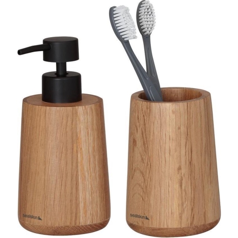 Sealskin Earth Badkamerset - Zeepdispenser 150 ml - Tandenborstelbeker - Eiken