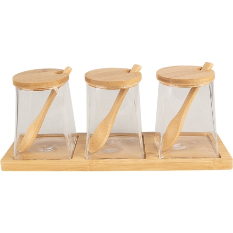 Clayre & Eef Voorraadpot Set van 3 7x7x10 cm Transparant Glas Hout