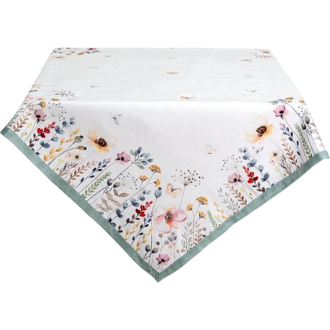 Clayre & Eef Tafelkleed 150x150 cm Wit Groen Katoen Vierkant Bloemen