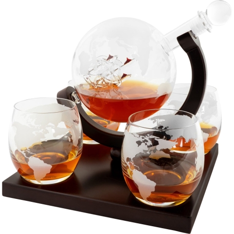 Aretica Luxe Whiskey Karaf wereldbol met 4 glazen
