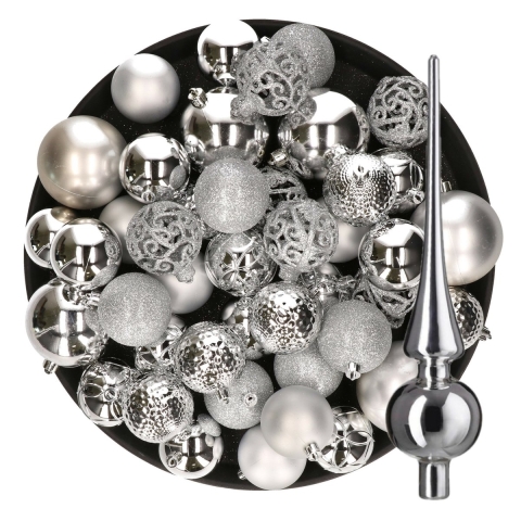 Kerstversiering kunststof kerstballen met piek zilver 6-8-10 cm pakket van 39x stuks -