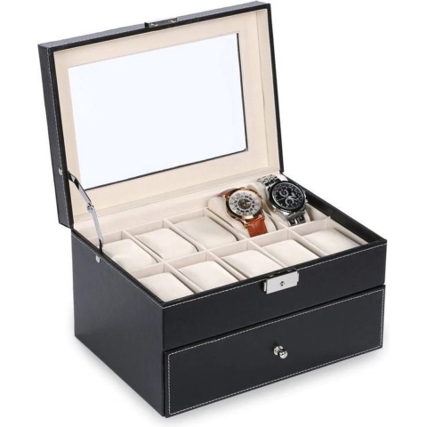Aretica Horlogebox luxe met 20 horloge compartimenten zwart
