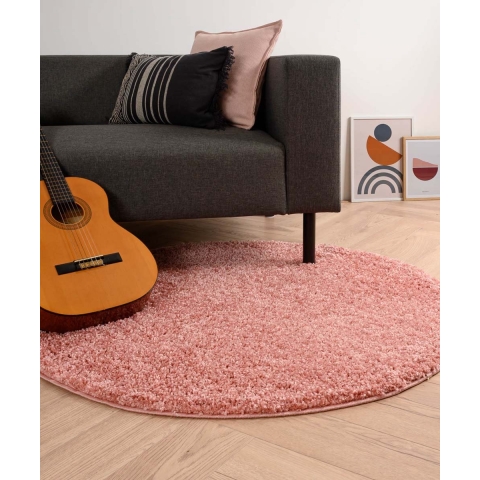 Tapeso Rond hoogpolig vloerkleed shaggy Trend effen - roze - 200 cm