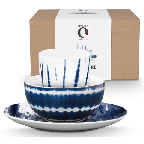 vtwonen - Tie dye Ontbijtset - Blauw, Wit - Porselein - Set van 3