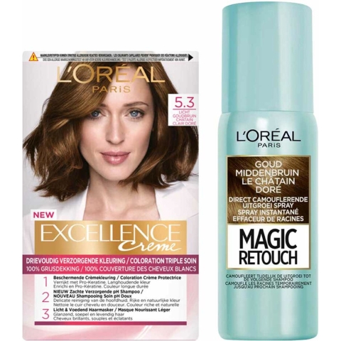 L'Oréal Excellence Creme Haarverf 5.3 Licht Goudbruin + Magic Retouch Uitgroeispray Goud Middenbruin 75 ml Pakket