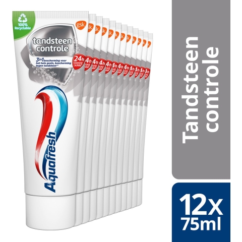 12x Aquafresh Tandpasta Tandsteen Controle Frisse Adem 75 ml