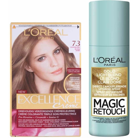 L'Oréal Excellence Creme Haarverf 7.3 Goudblond + Magic Retouch Uitgroeispray Blond 75 ml Pakket