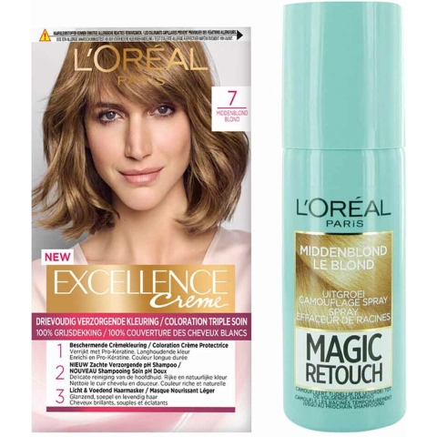 L'Oréal Excellence Crèmekleuring 7 Middenblond 1x&Magic Retouch Uitgroeispray Middenblond 1x 75 m Pakket