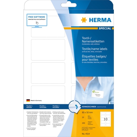 A4 naametiketten textiel 80x50mm wit 20 vel Herma 4514