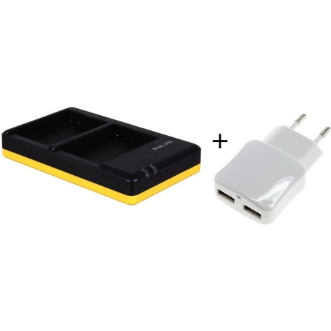 Duo lader voor 2 camera accu's Nikon EN-EL14 + handige 2 poorts USB 230V adapter