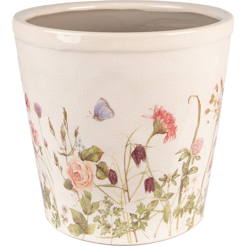 Clayre & Eef Bloempot Ø 21x19 cm Roze Beige Keramiek Bloemen Bloempot