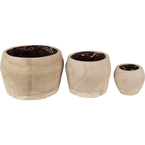 Clayre & Eef Bloempot Set van 3 Ø 24 Ø 18 Ø 12 cm Bruin Hout Rond