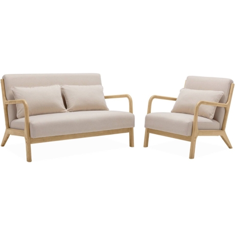 sweeek - 2-zitsbank + beige stoffen en houten fauteuil