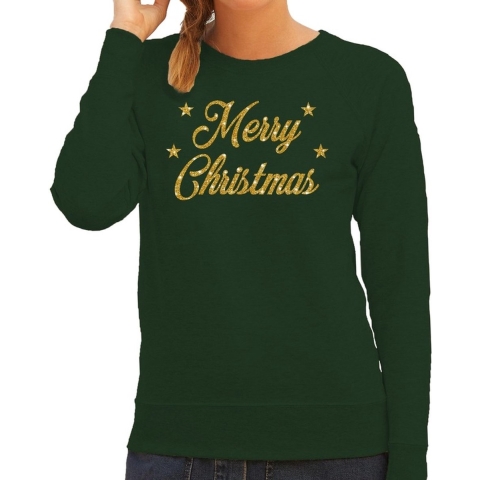 Kersttrui Merry Christmas gouden glitter letters groen dames XL (42) -