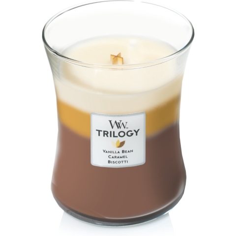 WoodWick Geurkaars Medium Trilogy Café Sweets - 11 cm / ø 10 cm - Geurkaars in Glas - Houten Lont