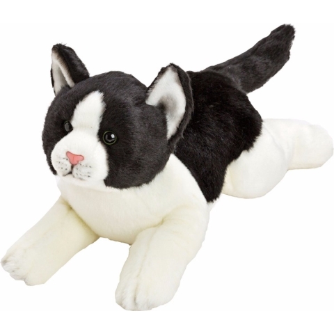 Pluche knuffeldier poes/kat - zwart/wit - liggend - 33 cm - huisdier knuffel -