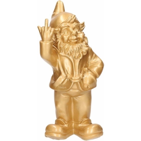 Stoobz design Tuinkabouter met middelvinger - Polystone - 30 cm - goud - buiten decoratie -