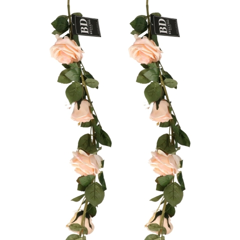 Kunstbloemen slinger rozen Emily - 2x - 145 cm - perzikroze - guirlande - decoratie - bruiloft versi -
