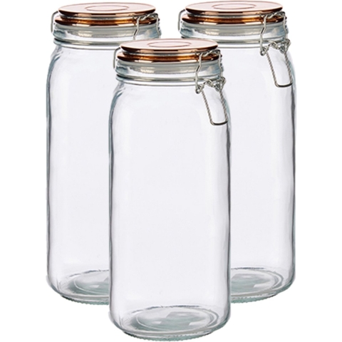 Set van 3x stuks glazen luxe keuken voorraadpotten/voorraadbussen met klepdeksel koper 2100 ml -
