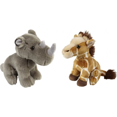 Knuffeldieren set giraffe en neushoorn pluche knuffels 18 cm -