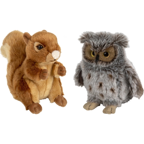 Bosdieren zachte pluche knuffels 2x stuks - Eekhoorn en Uil van 18 cm -