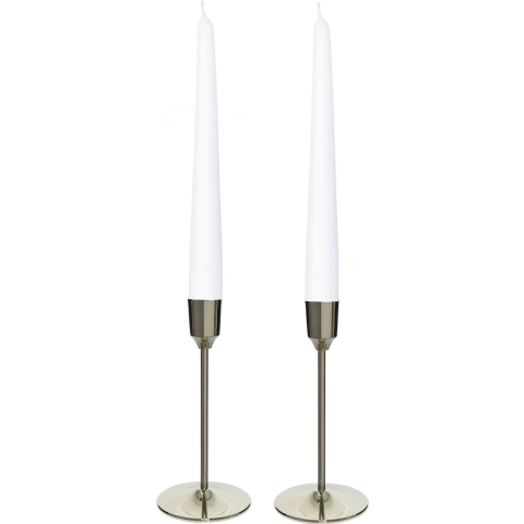 Kandelaars 2x aluminium zilver 20 cm met 12x witte dinerkaarsen -
