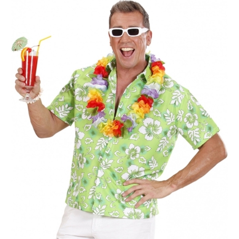 Hawaii blouse groen met witte bloemen M/L -