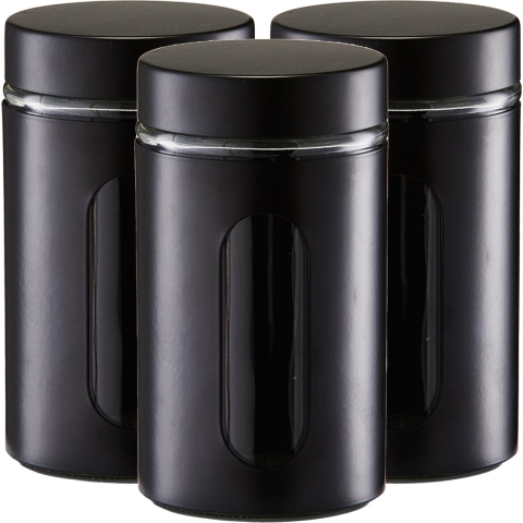 Voorraadpot/blik met venster - 3x - zwart - 900 ml - glas/metaal -