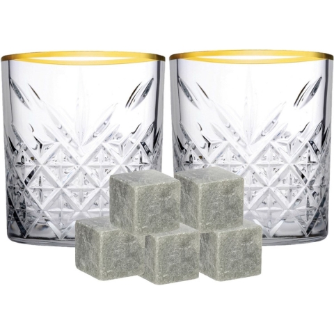 Luxe whiskyglazen set 4x stuks 350 ml met 9x whisky ijsblokstenen -