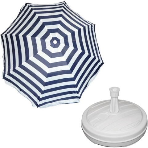 Parasol - blauw/wit - D120 cm - incl. draagtas - parasolvoet - 42 cm -